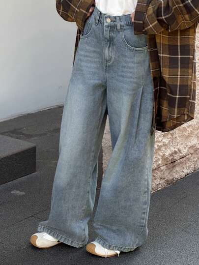 DAZY 青少年女童高腰口袋阔腿宽松休闲百搭牛仔裤