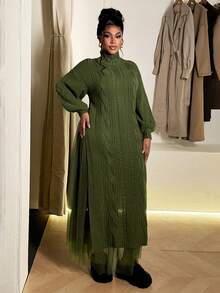 Maweii Plus Size Women Solid Stand Collar Double Slit Long Mesh Two Pieces Sweater Dress Setwinter Christmas Summer Party Elegant New Year - Green - View 9