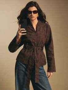 Poéselle Brown Belted Faux Suede Jacket For Women - Long Sleeve Wrap Coat, Soft Minimalist Lightweight Outerwear,Women's Fashion Waist Belt Long Sleeve Button Jacket Women Fall Clothes Brown Blazer Women Women S Fall Clothes Chocolate Brown Top - Chocolate Brown - View 3