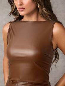 SHEIN BAE Áo ba lỗ ngắn tay xếp ly cổ tròn bằng da PU trơn màu thời trang dành cho nữ - màu nâu - Xem 3