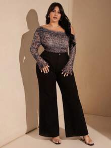 SHEIN BAE Plus Size Autumn And Winter Women's Sexy Leopard Print Asymmetric One-Shoulder Long-Sleeved Bodysuit,Thanksgiving, Christmas, New Year, Outing, Cocktail Dress, Music, Birthday Dress, Party, Off Shoulder, Asymmetric,Birthday, Family Gathering, Fall And Winter,Valentine's Day - Brown - View 1