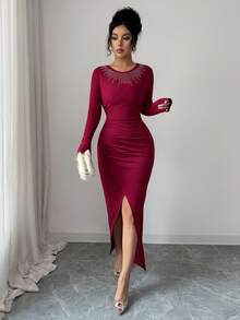 Rafferiza Burgundy Autumn Elegant Dining Women Red Dress, Party Hot Brick Pleats Waist Hem Slit Hip Wrap Shiny Long Christmas New Year Dress For Ladies - Red - View 5
