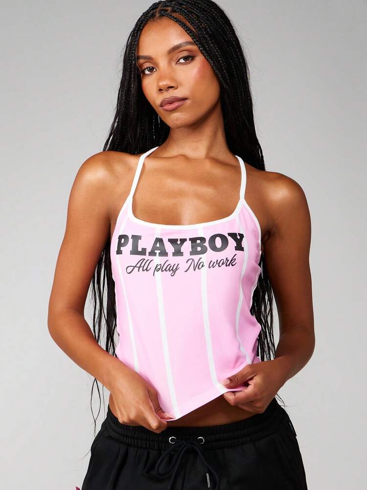 Missguided x Playboy 슬로건 프린트가 있는 스트라이프 탱크 탑 여름 캐주얼 민소매 캐미