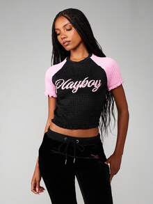 Missguided x Playboy Logo Shirred Crop Top With Contrast Raglan Sleeves And Back Number Print - Multicolor - View 1