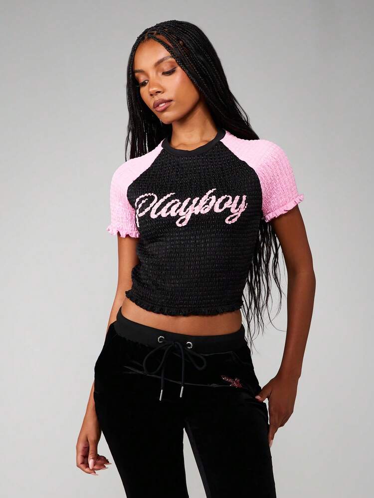 Missguided x Playboy Logo Shirred Crop Top With Contrast Raglan Sleeves And Back Number Print