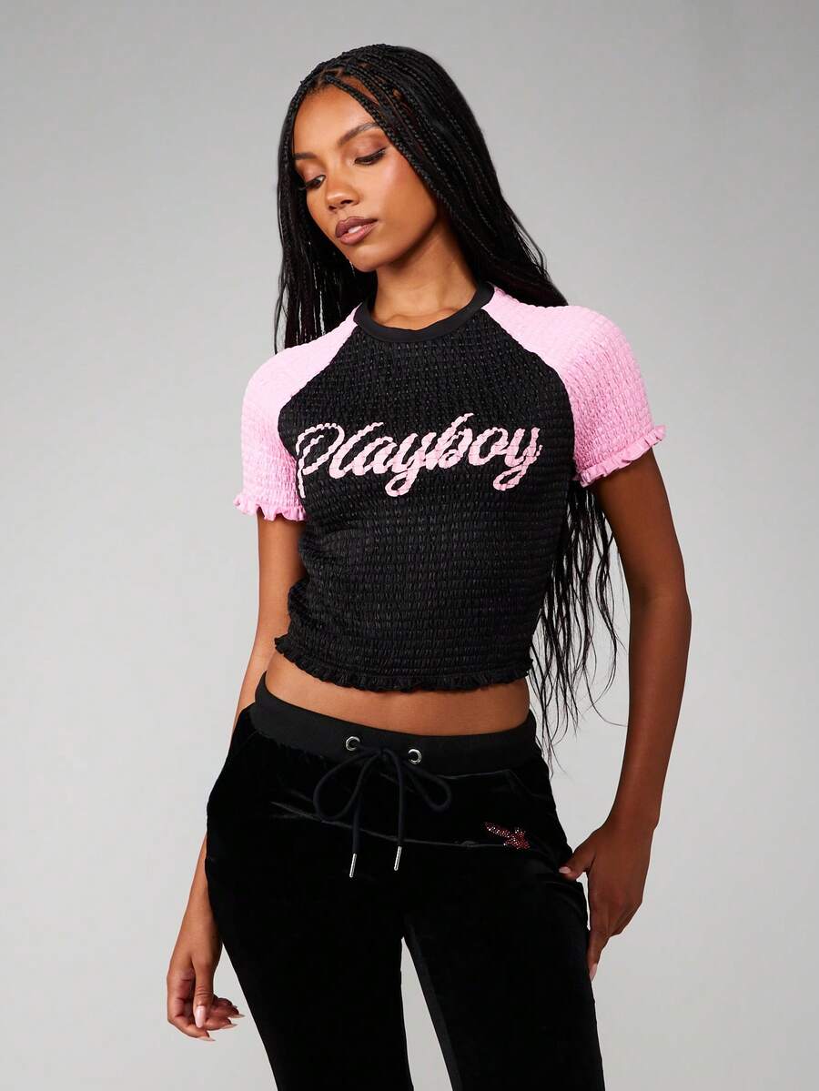 Missguided x Playboy Logo Shirred Crop Top With Contrast Raglan Sleeves And Back Number Print - Multicolor - View 1