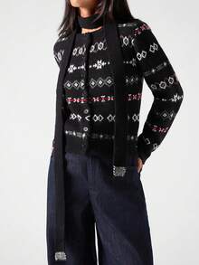 LYSMO 2025 New Arrive Minimalism Winter Black All-Over Print Button Front Casual Long Sleeve Cardigan Sweater Winter For Women New Year Look And Christmas For Women For Going Out, Streetwear, And Stockholm Style - Multicolor - View 6