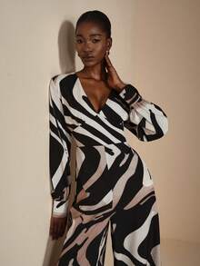 JIAN LASALA V Neck Multi Waving Print Bishop Sleeves Smocking Waist Wide Leg Casual Women Jumpsuit Luxury Stylish Clothing Collection Elegant Graphic Jumpsuit - Multicolor - View 4