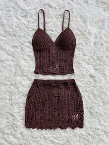 Soleia 全新休闲度假西部海滩婚礼宾客服装返校毕业早午餐、圣帕特里克节春假复活节音乐节优雅波西米亚风热带露背钩针露背短款上衣和迷你裙两件套女装 - 卡其色 - 查看 4