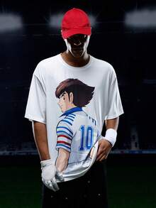 Captain Tsubasa X SHEIN 男士休闲卡通人物图案圆领短袖T恤，夏季 - 白色 - 查看 4