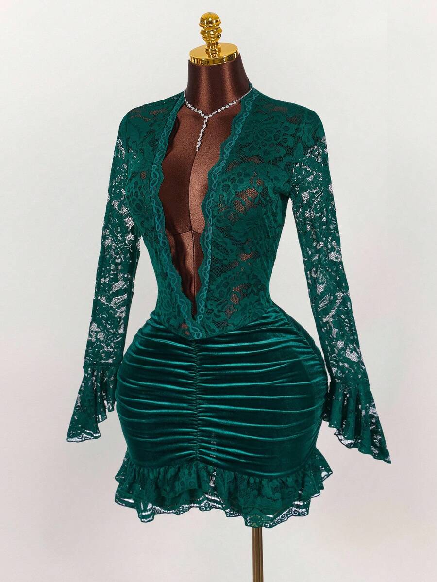 Amplova Christmas Vibe Deep V Waist Cinched Bodycon Mini Dress,Party Dresses For Women - Multicolor - View 1