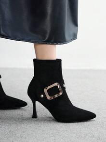 CUCCOO BIZCHIC Women's Black Buckle Design Fashion Mid-Calf High Heel Boots - Black - View 4