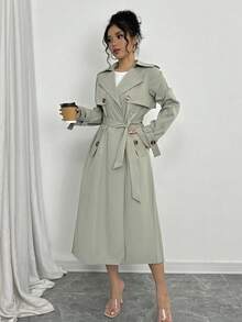 Selianne Women's Solid Front Button Pocket Simple Casual Trench Coat Fall Winter Cloth For Women - Green - View 3