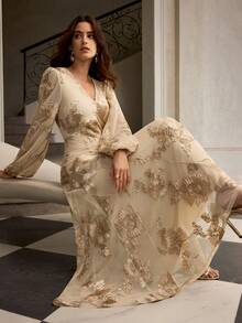 ZEYLAH Váy hoa hở lưng, cổ chữ V, nhún bèo, ôm sát, viền xòe, thu/đông - Màu be - Xem 6