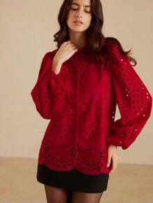Aveloria Rosie 新款秋季法式休闲奢华刺绣镂空百褶前长袖衬衫 - 紅色 - 查看 6