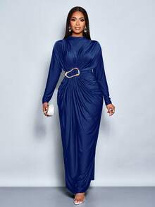 SOLERSUN 女士优雅假日纯色长袖金属装饰紧身连衣裙长款女装度假浪漫婚礼宾客毕业舞会节日 - 藏蓝色 - 查看 7