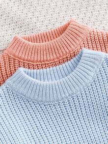 SHEIN Newborn Baby Girl Cute Versatile Solid Color Long Sleeve Sweater, Autumn/Winter - Baby Blue - View 3