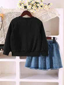 Girls Casual Fashion Daily School Style Round Neck Long Sleeve Loose 3D Pearl Sequin Bow Sweatshirt + High Waist Pleated Denim Mini Skirt 2Pcs Outfit, Back To School Clothes, All Season - Black - View 2