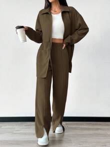 Mulvari 2pcs/Set Women Solid Color Front Zipper Pocket Long Sleeve Top And Pants Casual Outfit 2 Piece Set - Brown - View 5