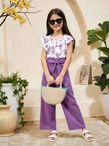 SHEIN 2pcs Tween Girl Floral Print Round Neck Top And Pants Set