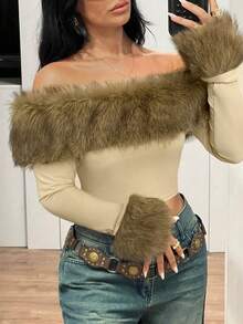 SHEIN ICON Women's Solid Color Fitted Off Shoulder Faux Fur Trim Long Sleeve T-Shirt - Khaki - View 5