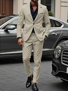 Manfinity Mode 男士纯色翻领长袖西装外套和裤子，休闲西装套装男士米色西装米色西装男士奶油色西装男士男士卡其色西装男士夏季西装。送给男朋友或丈夫的绝佳礼物。 - 米色 - 查看 3