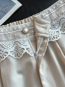 SHEIN Clasi 大码女式优雅蕾丝拼接纯色高腰直筒裤，适合时尚通勤 - 杏色 - 查看 8