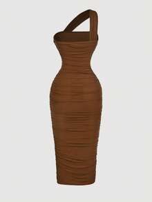 SHEIN X Belle Mariano SHEIN MOD 女式复古不对称褶饰无袖连衣裙 - 棕色 - 查看 2