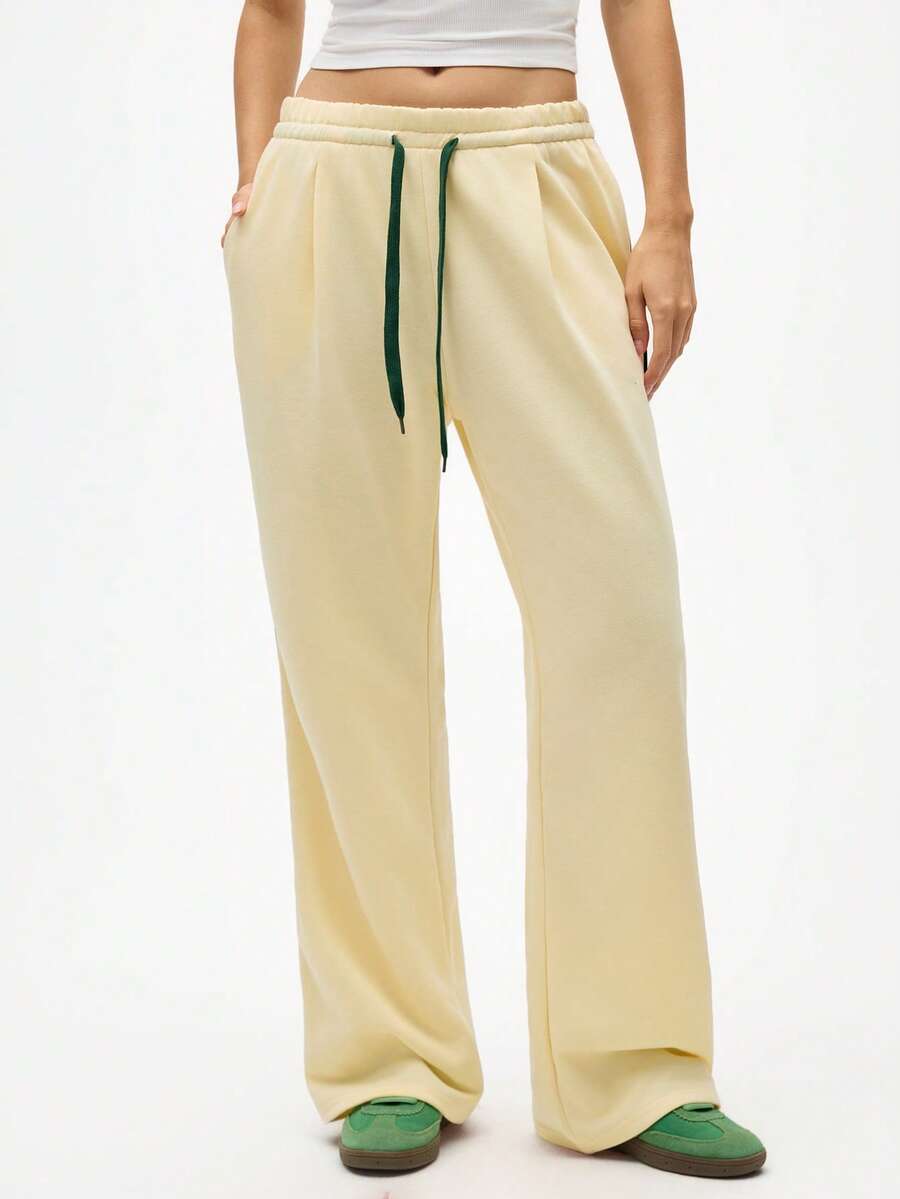 Eassivo Eassivo 女式抽绳腰口袋阔腿宽松休闲裤 - 鵝黃色 - 查看 1