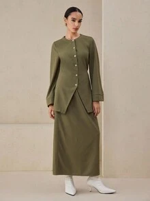 Graceveil Bộ 2 món áo dài cổ tròn thắt eo màu xanh ô liu đính nút hoa hồng ánh kim xẻ tà và chân váy thẳng cho nữ - Màu xanh Ô liu - Xem 6