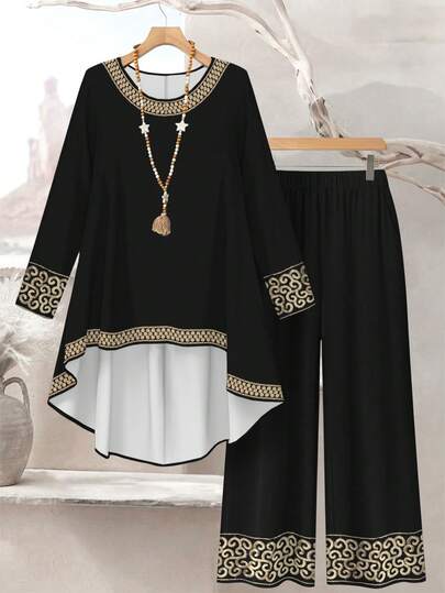 SHEIN Lacomfia Vintage Floral Retro Print Black Casual Loose Fit Round Neck Top And Pants 2 Pieces Set For Plus Size Women