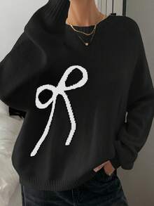 DAZY Cream-White Bow Knitted Sweater For Women, Loose Vintage Style, Autumn/Winter - Black - View 5