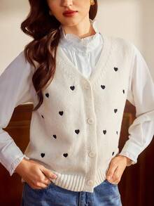 Vintamour Women's Heart Embroidery Front Button V-Neck Sweater Vest Autumn Winter Clothes For Women Thanksgiving - Apricot - View 4