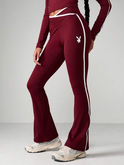 Missguided x Playboy Pantaloni a vita alta a zampa d'elefante con dettagli a righe laterali, perfetti per yoga, allenamento e uno stile di vita attivo