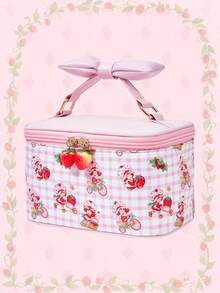 Strawberry Shortcake | ROMWE Women's Cute Cartoon Pattern Padded Bow Handheld Portable Cosmetic Bag - Pink - View 2