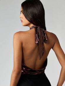 MISSGUIDED Metallic Cowl Neck Halter Top Backless Evening Party Blouse - Coffee Brown - View 2