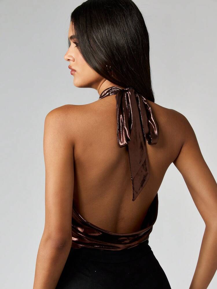 MISSGUIDED Metallic Cowl Neck Halter Top Backless Evening Party Blouse