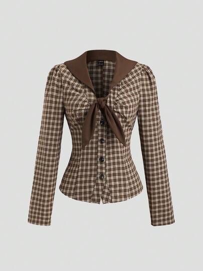 Sweetra 秋冬レトロチェック リボン デザイン Vネック 長袖ブラウス レディース