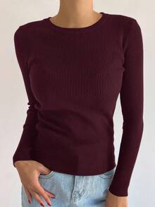 DAZY Women's Solid Color Round Neck Raglan Sleeve Ribbed Pullover Sweater - Burgundy - View 4
