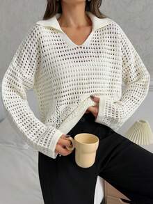 EURMUSE Damen einfarbiger Pullover mit Polokragen, Ausschnitt, Drop-Shoulder - Creme - Übersicht 4