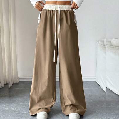 카키색 루즈 스트레이트 레그 캐주얼 맥시 팬츠, 가을/겨울