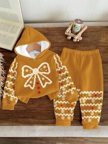 SHEIN 圣诞焦糖饼干图案休闲宽松舒适针织柔软连帽衫和裤子套装，适合秋冬季、街头风格和家居服 - 彩色 - 查看 4