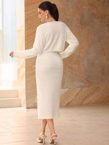 Modelyn Set de 2 bucăți pentru femei, cu blană, culoare solidă, casual, cu guler în U, tricotat, ajustat - alb - Vizualizare 2