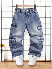 Young Boys Vintage Washed Blue Cargo Jeans With Multiple Pockets, Fashionable Streetwear Style, Must-Have Item For Fashion-Conscious Kids - Dark Wash - View 3