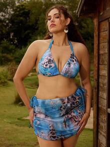 SHEIN Swim 3pcs Plus Size Elegant Leopard Print Vacation Swimwear Set Plus Size Swimwear Two Pieces Beachwear Plus Size - Multicolor - View 5