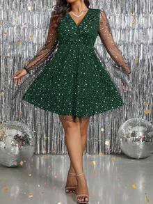 SHEIN Clasi 大码女式金属箔印花网眼灯笼袖优雅连衣裙 - 彩色 - 查看 5