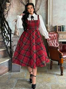 Lyrianda Christmas Plus Size Women's Turndown Collar Half-Open Front Shirt Collar 2 In 1 Red Plaid Contrast Color Button Elegant Retro Casual Midi A-Line Dress