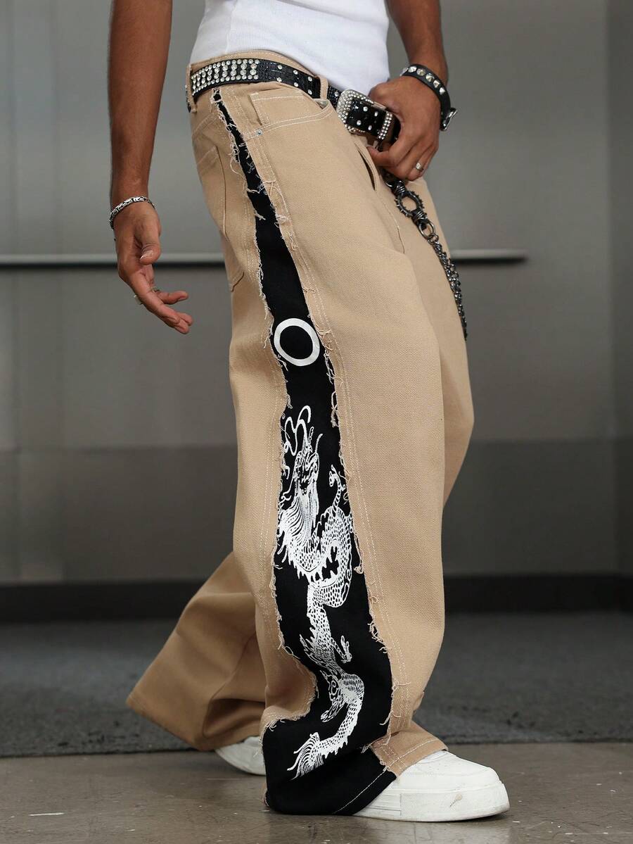 Manfinity EMRG 男士宽松中国龙印花口袋做旧阔腿休闲牛仔裤 - 彩色 - 查看 1