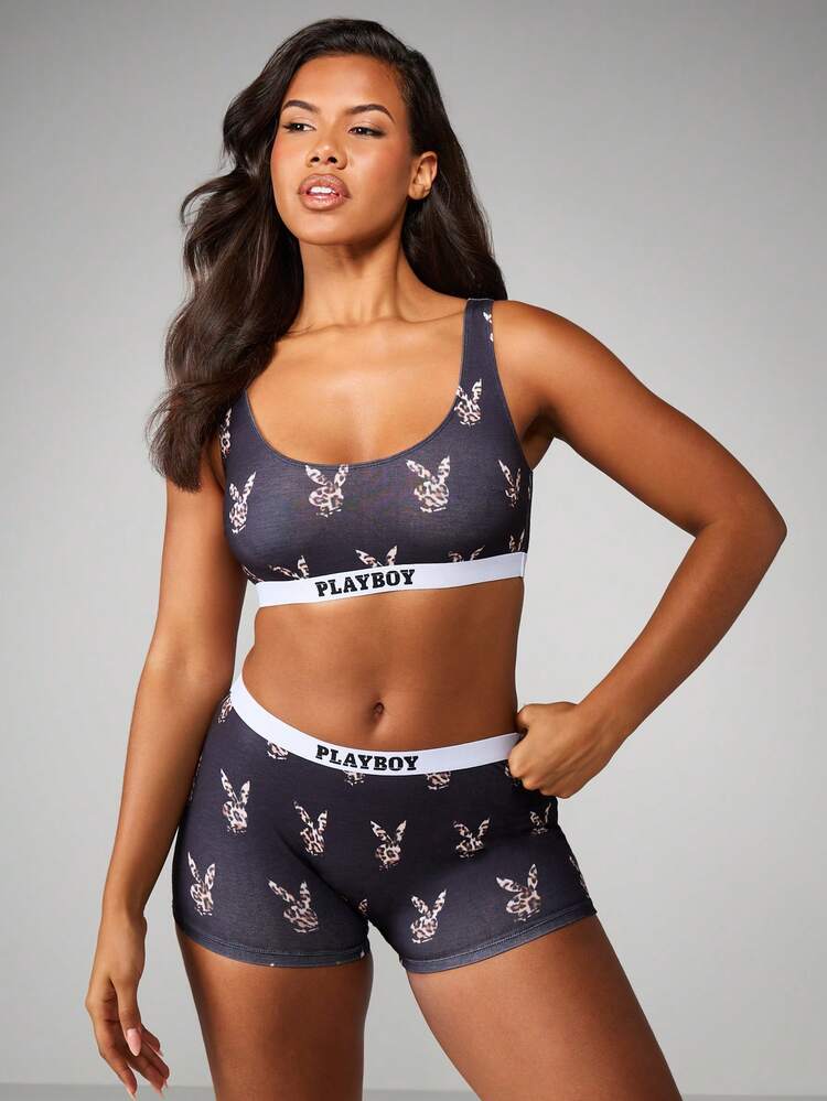 Missguided x Playboy Leopard Print Bralette And Shorts Lingerie Set With Elastic Waistband