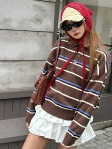 DAZY 青少年女孩条纹落肩长袖高领休闲宽松毛衣，秋冬 - 棕色 - 查看 6